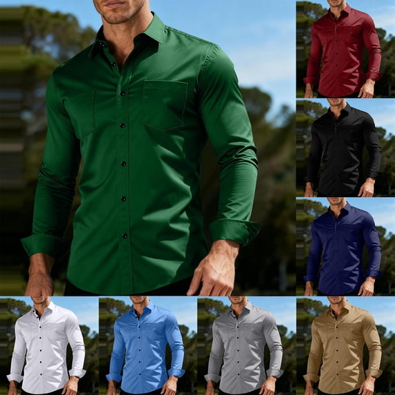 lcziwo Men's Solid Color Dress Shirts Business Casual Long Sleeve Tops Big and Tall Wrinkle Free Button Down Shirts with Two Pockets Wine XXXL