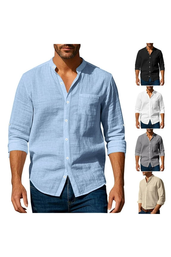 Men's Solid Color Jackets Loose Long Sleeve Button Down Shirts Fashion Tang Style Going Out Tops with Pockets Blue M