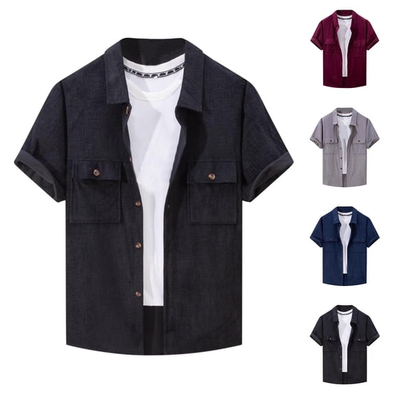 lcziwo Men's Solid Color Shirt Casual Regular Fit Short Sleeve T-Shirt Summer Holiday Button Down Outerwear with Two Pockets Black S