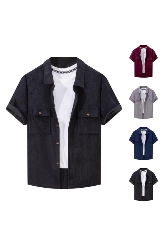 Men's Solid Color Shirt Casual Regular Fit Short Sleeve T-Shirt Summer Holiday Button Down Outerwear with Two Pockets Blue XL