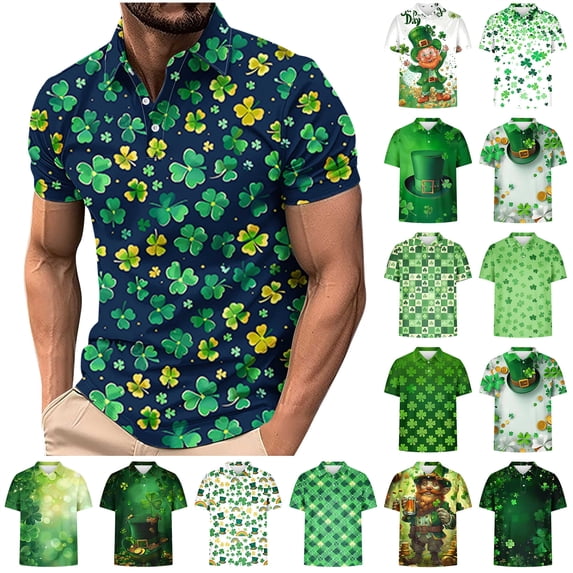 lcziwo Men's St Patrick's Polos Shirts Funny Irish Clover Short Sleeve Golf Shirt Casual Button Collared Work Tops, Multicolor, S
