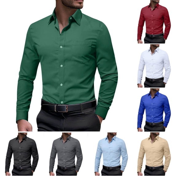 lcziwo Men's Tucked Slim Fit Dress Shirt Regular Fit Formal Business Shirts Pockets Solid Color Work Tops Dark Gray L