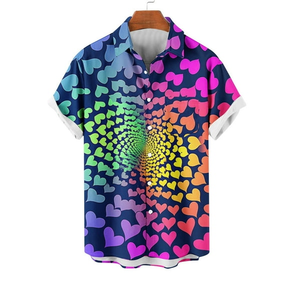 lcziwo Men's Valentines Day Button Down Shirts Date Night Shirt Romantic Heart Print Short Sleeve Hawaiian Beach Shirts on Clearance Purple XXL