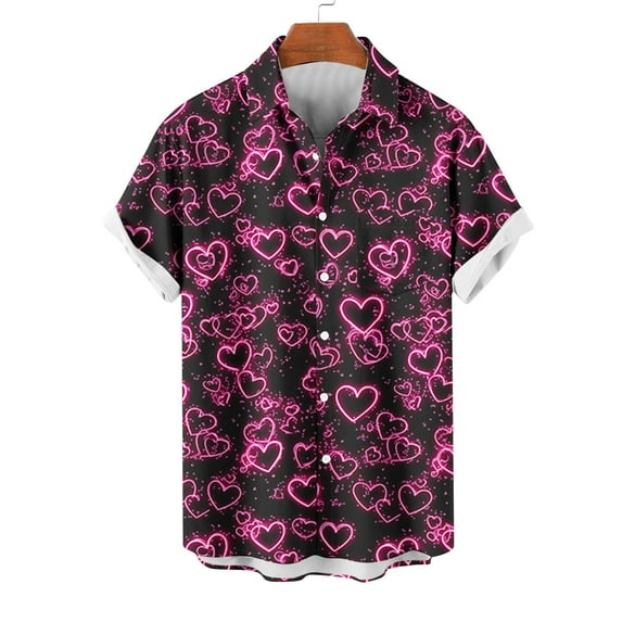 lcziwo Men's Valentines Day Button Down Shirts Date Night Shirt Romantic Heart Print Short Sleeve Hawaiian Beach Shirts Flash Sales Today Hot Pink XXL