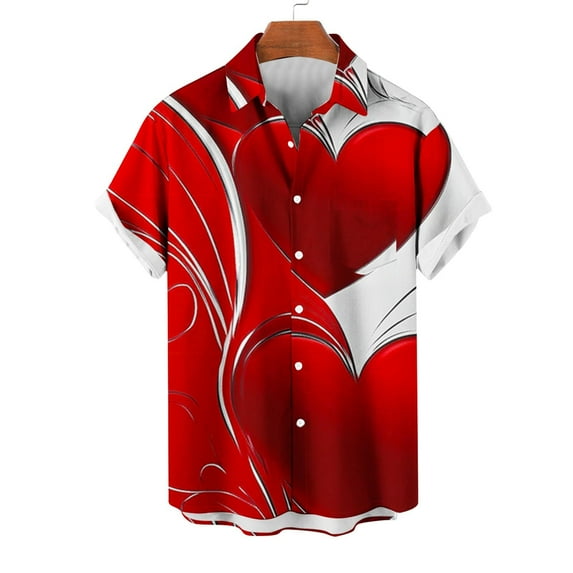 lcziwo Men's Valentines Day Shirt Heart Print Button Down Collared Short Sleeve Hawaiian Shirt Summer Casual Aloha Button Down Shirts Limited Time Deals Red L