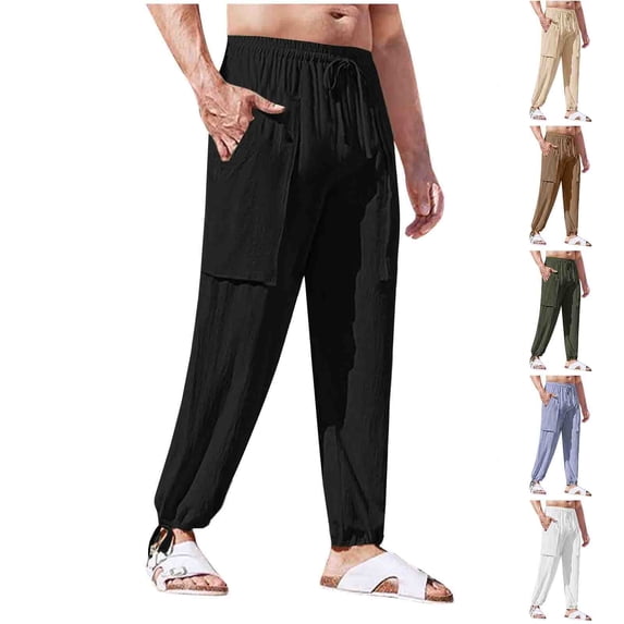 lcziwo Men's Work Pants with Multi Pockets Cotton Linen EDC Casual Jogger Pants Beach Golf Straight Leg Drawstring Pants Green XXL