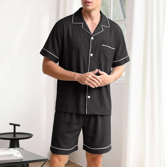 lcziwo Mens Button Down Pajama Sets Comfy 2 Piece Lounge Sets Casual Notched Collar Shirts and Shorts Set with Pockets L