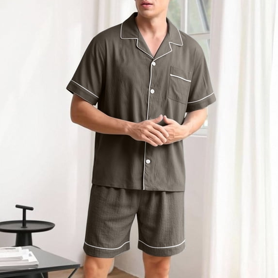 lcziwo Mens Button Down Pajama Sets Comfy 2 Piece Lounge Sets Casual Notched Collar Shirts and Shorts Set with Pockets XXL