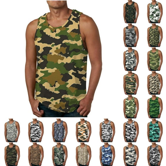 lcziwo Mens Camouflage Tank Tops Loose Fit Casual Cotton Sleeveless T Shirts Muscle Bodybuilding Tanks Summer Vacation Outfits White L
