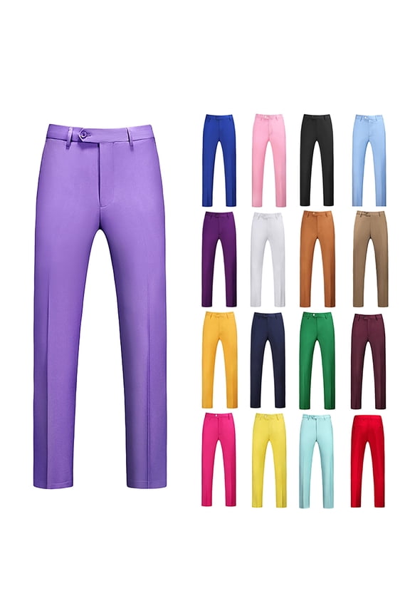 Mens Classic Fit Pants with Pockets Big and Tall Lightweight Suit Pants Solid Color Office Comfortable Flat Front Dress Slacks Purple L