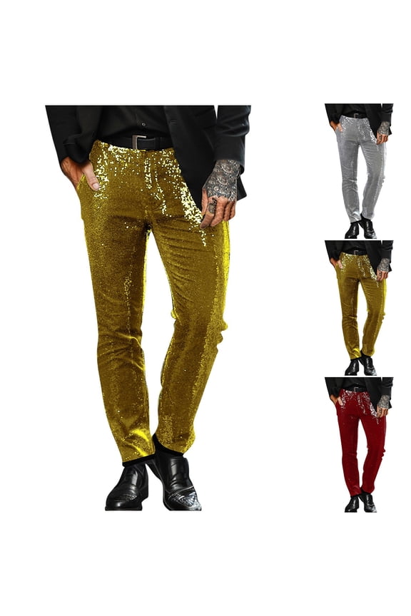 Mens Classic Straight Pants Sequined Flat Front Dress Pants with Pockets Solid Color Summer Party Prom Slacks Silver XL