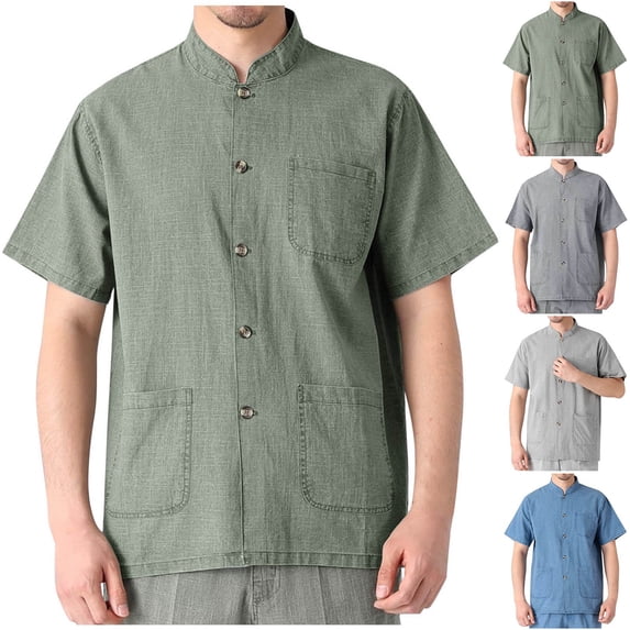lcziwo Mens Dress Shirts Big And Tall Cotton Linen Band Collar Shirt with Pockets Summer Casual Short Sleeve Tee Top Blue XL