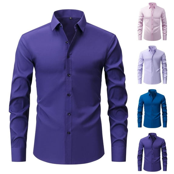 lcziwo Mens Dress Shirts Solid Color Wrinkle Free Formal Long Sleeved Shirts Regular Fit Slim Fit Button Down Shirt Dark Purple L