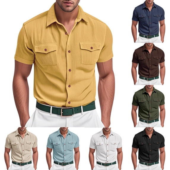 lcziwo Mens Dress Shirts with Pockets Summer Holiday Short Sleeve T-Shirt Business Casual Tucked Slim Fit Dress Shirt Yellow S