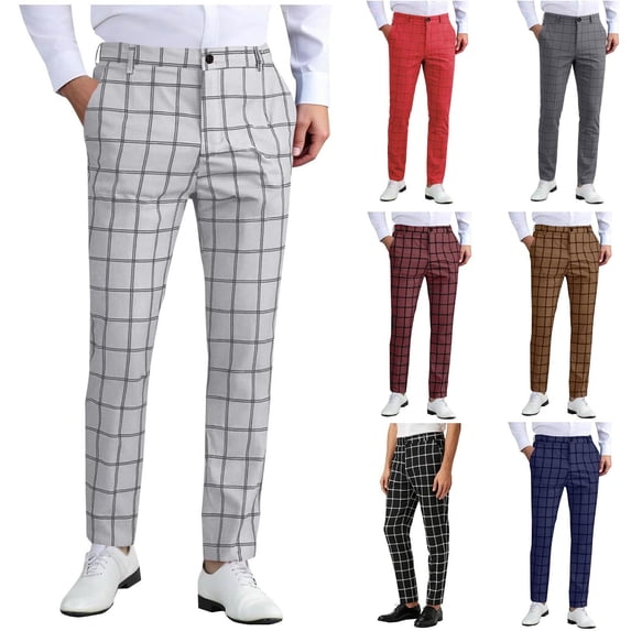 lcziwo Mens Golf Pants Plaid Lightweight Business Casual Formal Pants Straight Leg Comfortable Flat Front Pants with Pockets Coffee L