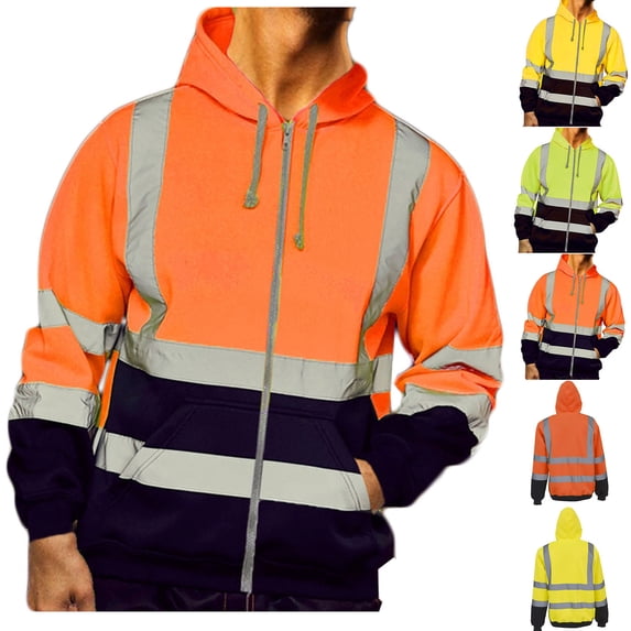 lcziwo Mens High Visibility Hoodie Class 3 Reflective Safety Sweatshirts Outdoor Long Sleeve Hooded Jackets Work Tops with Pockets, Yellow, L