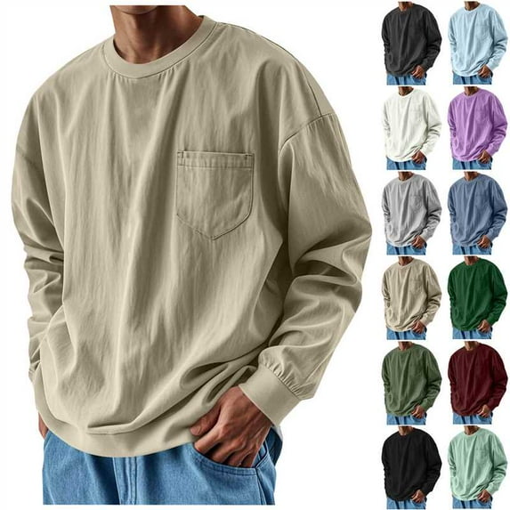 lcziwo Mens Oversized Long Sleeve Crewneck Shirts Fall Casual Round Neck T-Shirt Vintage Distressed Washed Tops with Pocket, Dark Gray, S