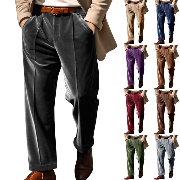 lcziwo Mens Regular Fit Dress Pants with Pockets Velvet Straight Leg Flat Front Formal Pants Solid Color Lightweight High-Waisted Slacks Blue XXL