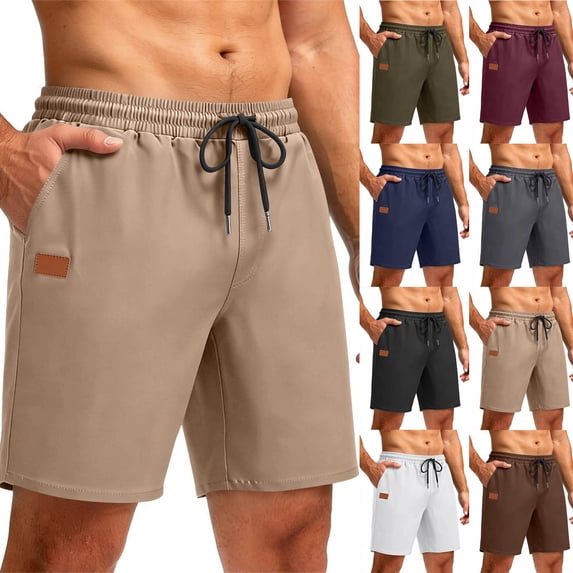 lcziwo Mens Shorts with Pockets Classic Fit Outdoor Trunks Beach Fishing Casual Solid Color Drawstring Brown XXXL