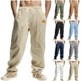 thumbnail image 1 of lcziwo Mens Solid Color Pants Linen Classic Fit Casual Drawstring Pants with Pockets Summer Beach Straight Leg Slacks Light Blue M, 1 of 10