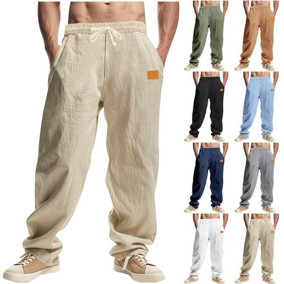 lcziwo Mens Solid Color Pants Linen Classic Fit Casual Drawstring Pants with Pockets Summer Beach Straight Leg Slacks Navy M