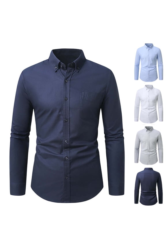 Mens Solid Oxford Button Down Shirts Wrinkle Free Long Sleeve Dress Shirt Work Casual Lapel work tops with Pocket Navy L