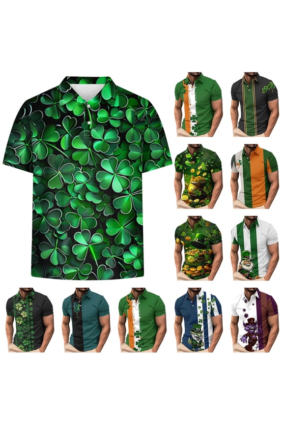 Mens St Patricks Day Polo Tshirts Novelty Wine Glass Graphic Golf Tops Casual Button Lapel Short Sleeve Tennis Shirts 2025 Vacation Outfits Lightning Sale Multicolor M