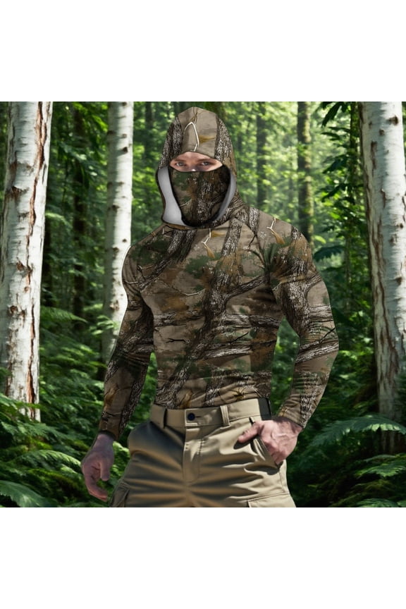 Mens Sun Protection Tops with Face Mask Big and Tall Hawaii Casual Long Sleeve Blouse Camo Running Surfing Lightweight Shirt Camouflage XXXXL
