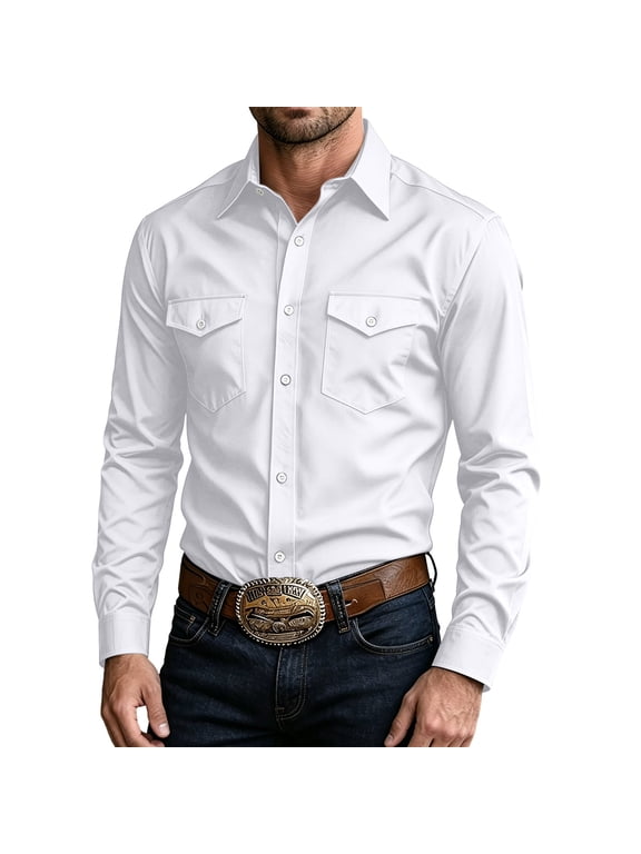 Mens Western Snap Button Shirts Casual Work Collared Tshirt With Front Pockets Solid Color Business Long Sleeve Tee White,XXL