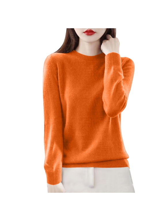 Merino Wool Crewneck Sweater Women Warm Long Sleeve Crewneck Knitted Sweaters Fall Winter Casual Soft Undershirts Daliy Orange,XXL