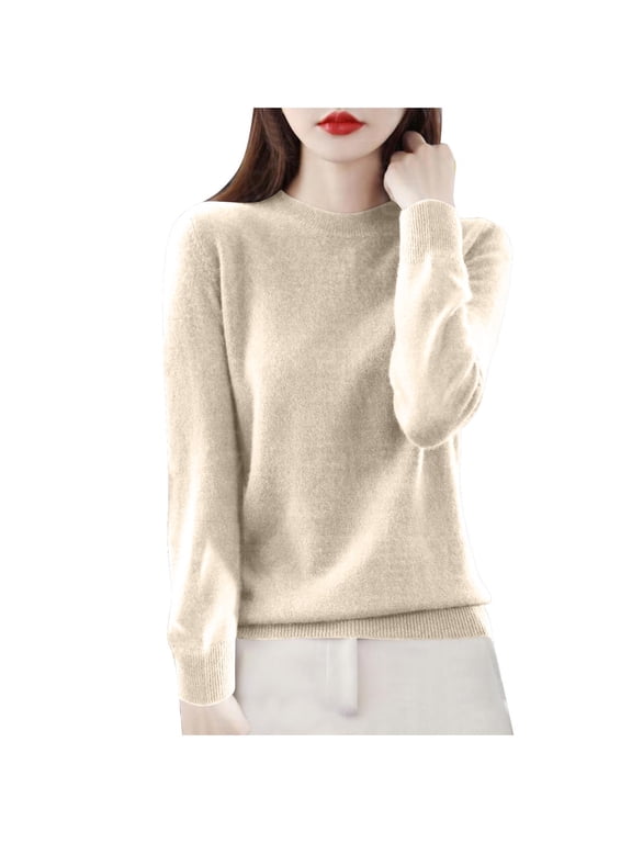 Merino Wool Women Sweater Top Warm Long Sleeve Crewneck Sweater Fall Winter Soft Knitted Undershirts 2026 Beige,XL