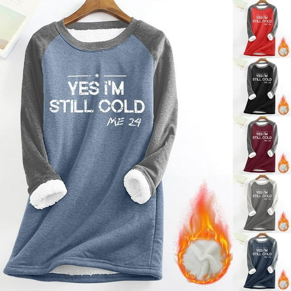 lcziwo Navy Pullover Sweatshirts for Women Thick Fleece Lined Sweater Tops Letter Graphic Print Pullover Warm Winter Loungewear L