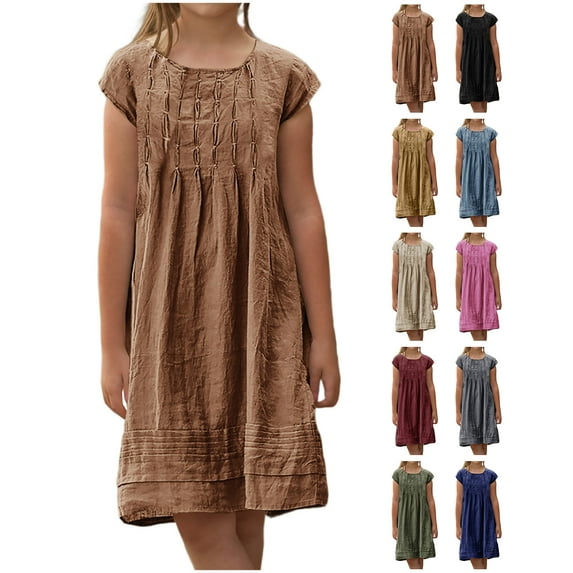 lcziwo Ofertas Del Dia de Hoy Relampago! Summer Vacation Dresses for Girls Casual Cap Sleeve Crewneck Pleated Front Tunic T Shirt Dress Linen Beach Sundress Red
