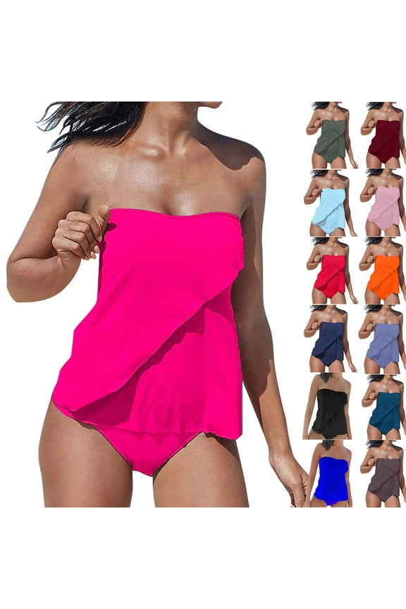 Ofertas Flash 2 Piece Swimsuits for Women Summer Sleeveless Tube Top and Shorts Bathing Suit Solid Casual Beach Vacation Swimwear Bikini Sets Wine XL