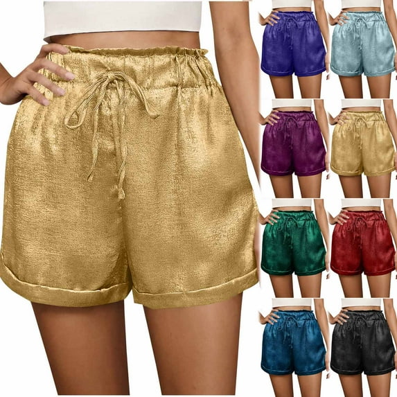 lcziwo Ofertas Flash, Women's Shiny Wide Leg Shorts Drawstring Tie Front Summer Paperbag Shorts Elastic High Waisted Bermuda Shorts with Side Pockets Gold XL