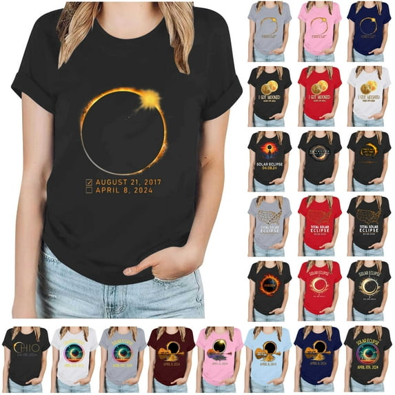 lcziwo Ofertas Flash, Women's Solar Eclipse Tshirts Casual Short Sleeve Crew Neck Shirts Cotton Comfy Tops Fashion Graphic Tees 2025 Spring Summer Clothing Black XXL