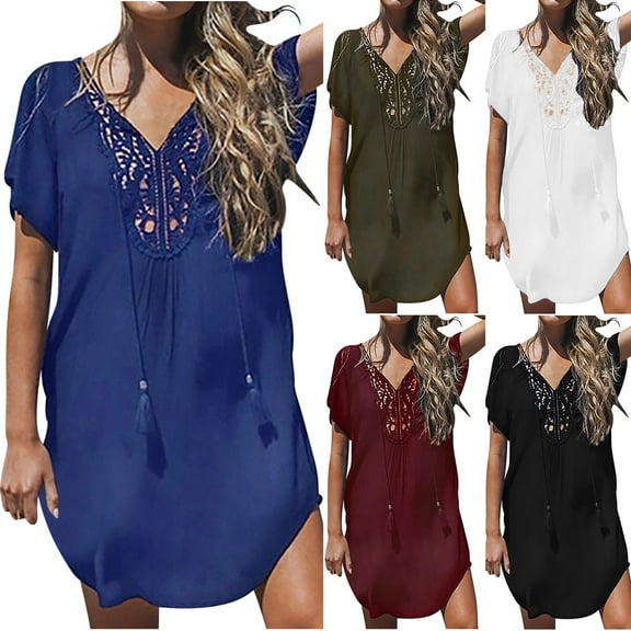 lcziwo Ofertas Flash Womens Swimsuit Coverup Lace Crochet V Neck Bathing Suit Cover Up Beach Dress Solid Casual Short Sleeve Swimwear Vacation Outfits Green XL