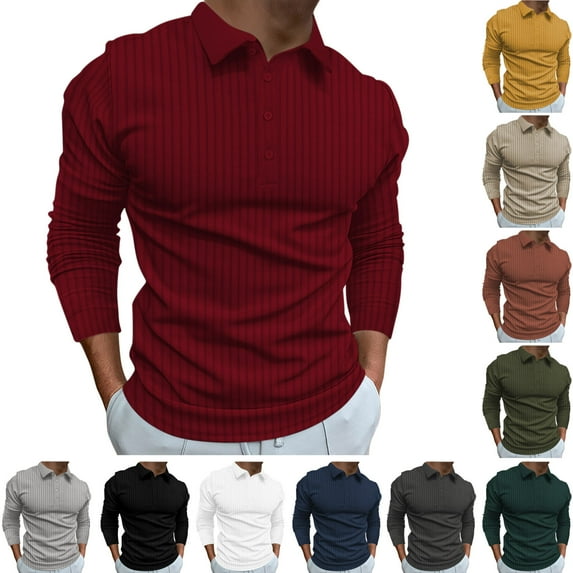 lcziwo Ofertas de Hoy en Liquidación Men's Muscle Polos Shirts Solid Casual Ribbed Knit Long Sleeve T-Shirts Slim Fit Button Lapel Golf Shirt Outdoor Sport Tops