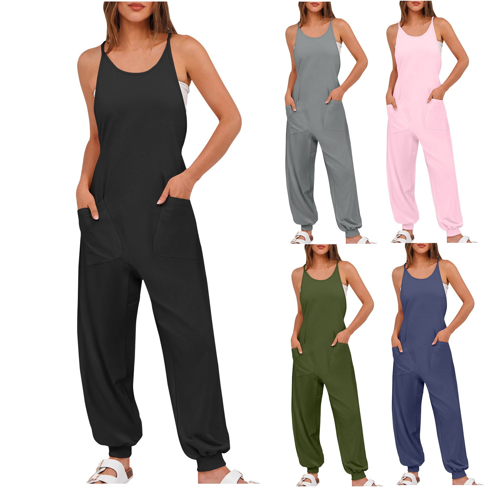 lcziwo One Piece Joggers Pants for Women 2025 Summer Sleeveless Straps Yoga Workout Jumpsuit Solid Casual Elastic Bottom Overalls with Pockets Lightning Sale