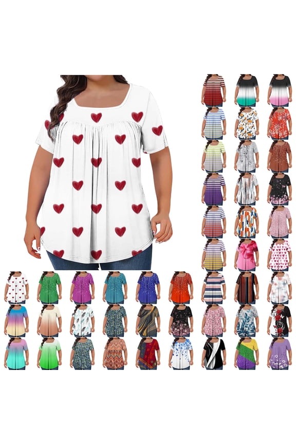 Oversized Tshirts for Women Cotton Basic Tees Tops Loose Front Pleated Blouses 2025 Summer Short Sleeve Square Neck Tops Light Blue 3XL
