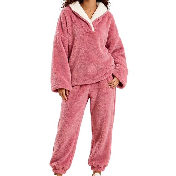 lcziwo Pajamas for Women Set Soft Fuzzy Winter Warm Fleece Sleepwear Comfy Coral Fluffy Pjs 2 Piece Loungewear Plush Outfits Pink,XXL