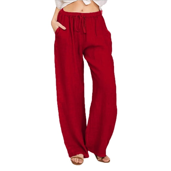 lcziwo Palazzo Linen Pants for Women Drawstring Wide Leg Elastic Waist Pockets Trousers Plain Comfy Casual Summer 2025 Pant Wine,XL