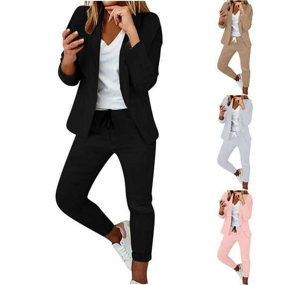 lcziwo Pants Suits for Women Dressy Business Casual Outfits Long Sleeve Lapel Blazer Jackets and Slim Fit Pencil Pants Work Office Clothing Winter Clearance Prime Black M