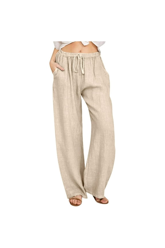 Pants for Women Linen Straight Leg Casual Summer 2025 Pant with Pockets Drawstring Elastic Waist Plain Trousers Khaki,XXL