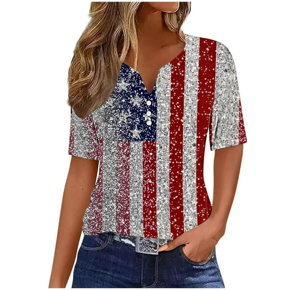 lcziwo Patriotic Shirts for Women 3/4 Sleeve 4th of July Independence Day Blouses American Flag Graphic Print Vintage Shirts Button Up V Neck Tunic Tees Multicolor,S
