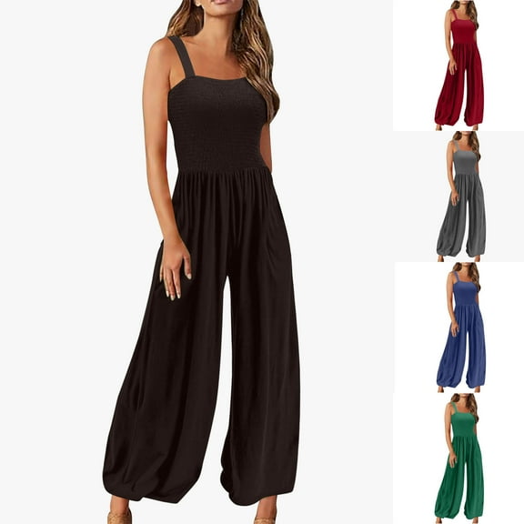 lcziwo Plus Size Jumpsuits for Women Casual Pleated Elastic Waist Overalls Solid One Piece Pants 2025 Summer Sleeveless Wide Leg Rompers with Pockets Sales of The Week