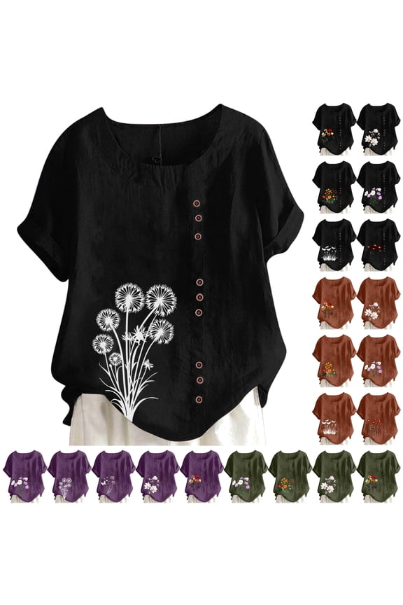 Plus Size Linen Shirts for Women Casual Loose Fit Round Neck T Shirt Fashion Floral Print Short Sleeve Blouse 2025 Army Green M