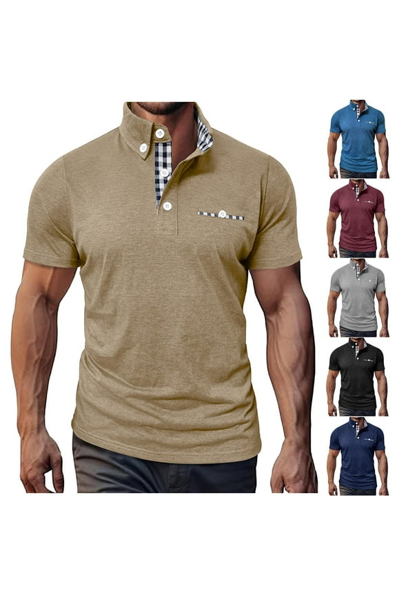 Polos Shirts for Men Fashion Plaid Patchwork Collared Golf Shirt 2025 Summer Casual Short Sleeve T Shirt Solid Button Down Pullover Tops Sales of The Week Blue S