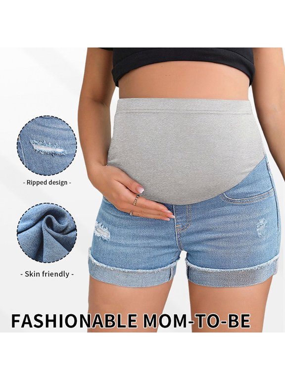 Pregnancy Denim Shorts for Women High Waist Over Belly Support Shorts Stretch Poll up Hem Ripped Maternity Jean Shorts Light Blue,S
