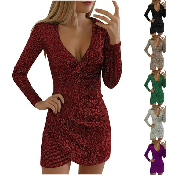 lcziwo Prime Big Deal Days Women Sexy Sequin V Neck Wrap Long Dress Long Sleeve Bodycon Evening Cocktail Party Dress,Purple,XXL